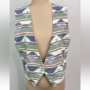 Vintage Stampede Southwestern Aztec Print Denim One Button Vest Jacket Women's M